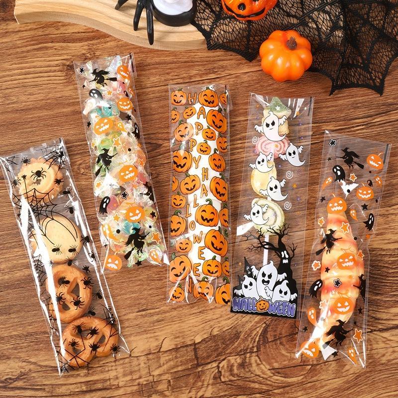Packaging - ถุงใส่อาหารแบบมีกาวในตัวลายฟักทองและผีสำหรับฮาโลวีน 50/100 ชิ้น สำหรับบรรจุขนม บิสกิต และอาหารอบ